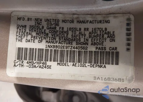 1996 Toyota Corolla Dx из США, поврежденный, VIN 1NXBB02E9TZ440562